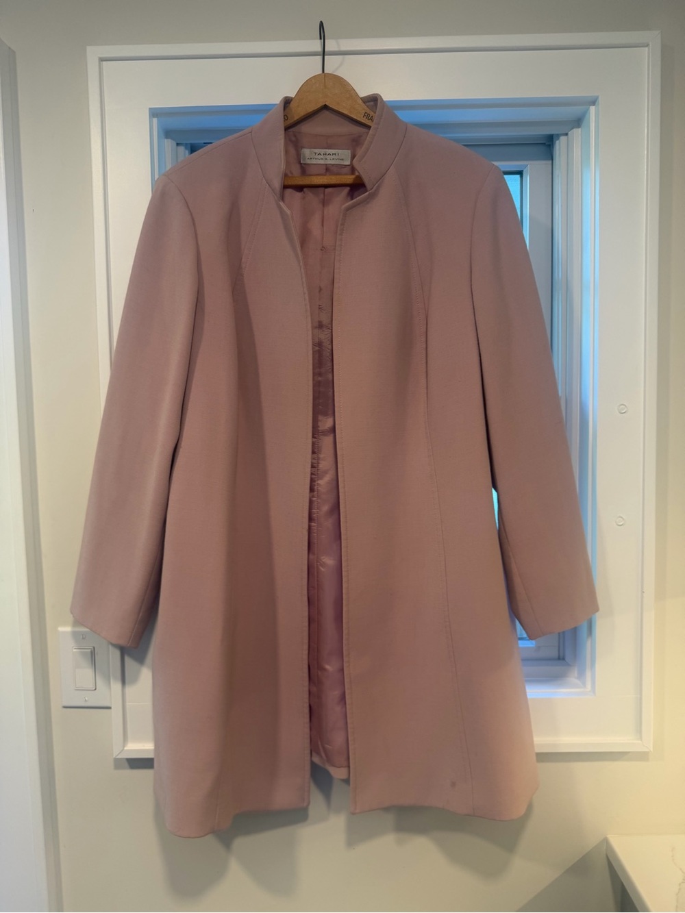 Tahari Blush Pink Collarless Trench Coat